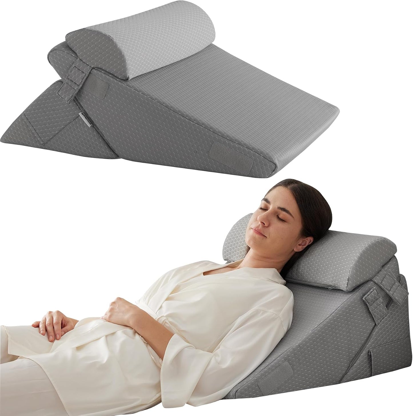 Bedluxe Wedge Pillow Headboard, 3PCS Orthopedic Bed Wedge Pillows Set for After Surgery, Adjustable Pillow Wedge for Acid Reflux&Back Pain Relief, Sleeping, Back Pillow for Bed Sitting Up, White/Grey