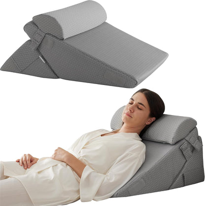 Bedluxe Wedge Pillow Headboard, 3PCS Orthopedic Bed Wedge Pillows Set for After Surgery, Adjustable Pillow Wedge for Acid Reflux&Back Pain Relief, Sleeping, Back Pillow for Bed Sitting Up, White/Grey