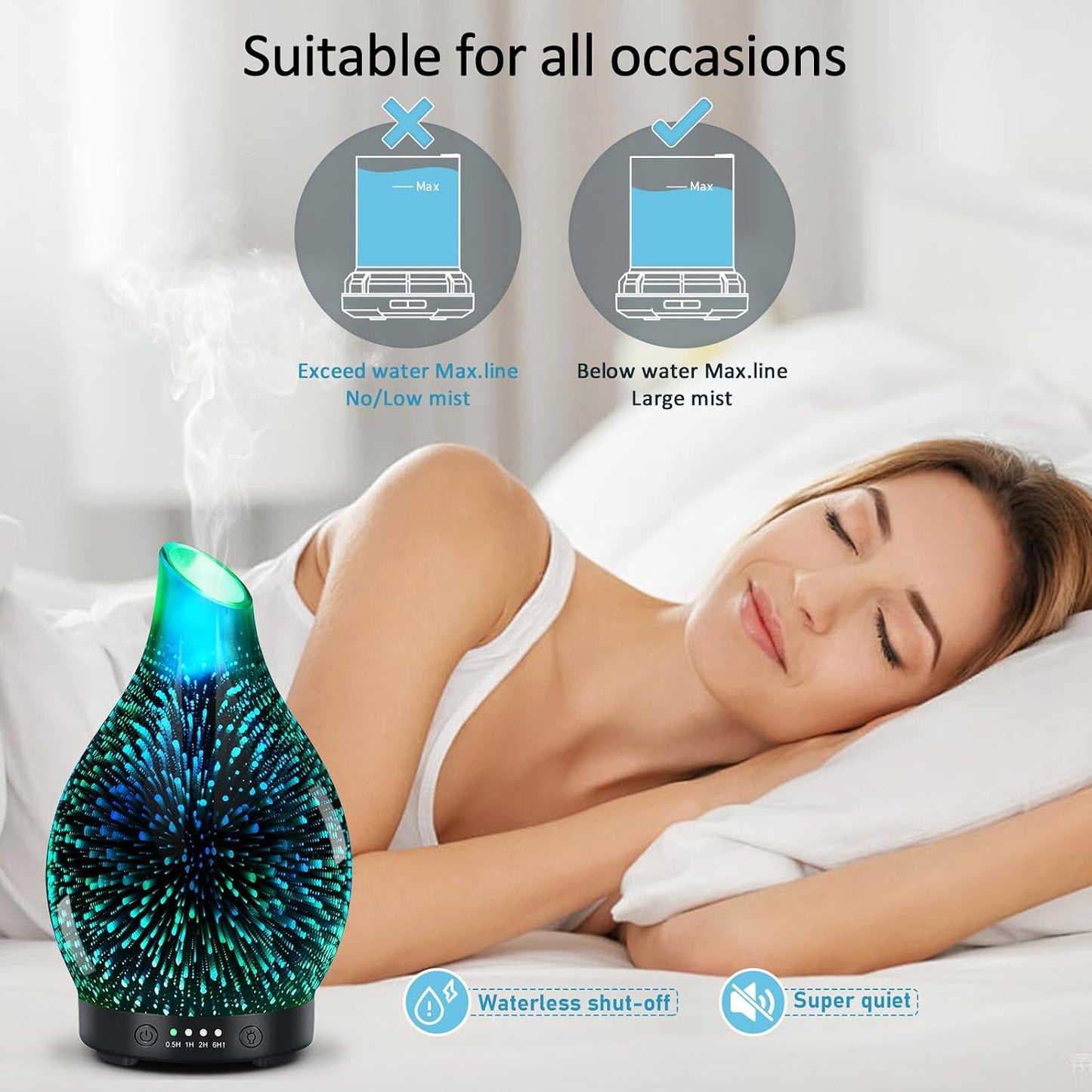 Essential Oil Diffuser 120ML Glass Aromatherapy Diffuser with 4 Timer Settings & 7 Color Changing Lights, Auto Shut-Off, Ultra Quiet Oil Diffuser for Home, Office, Yoga, Spa