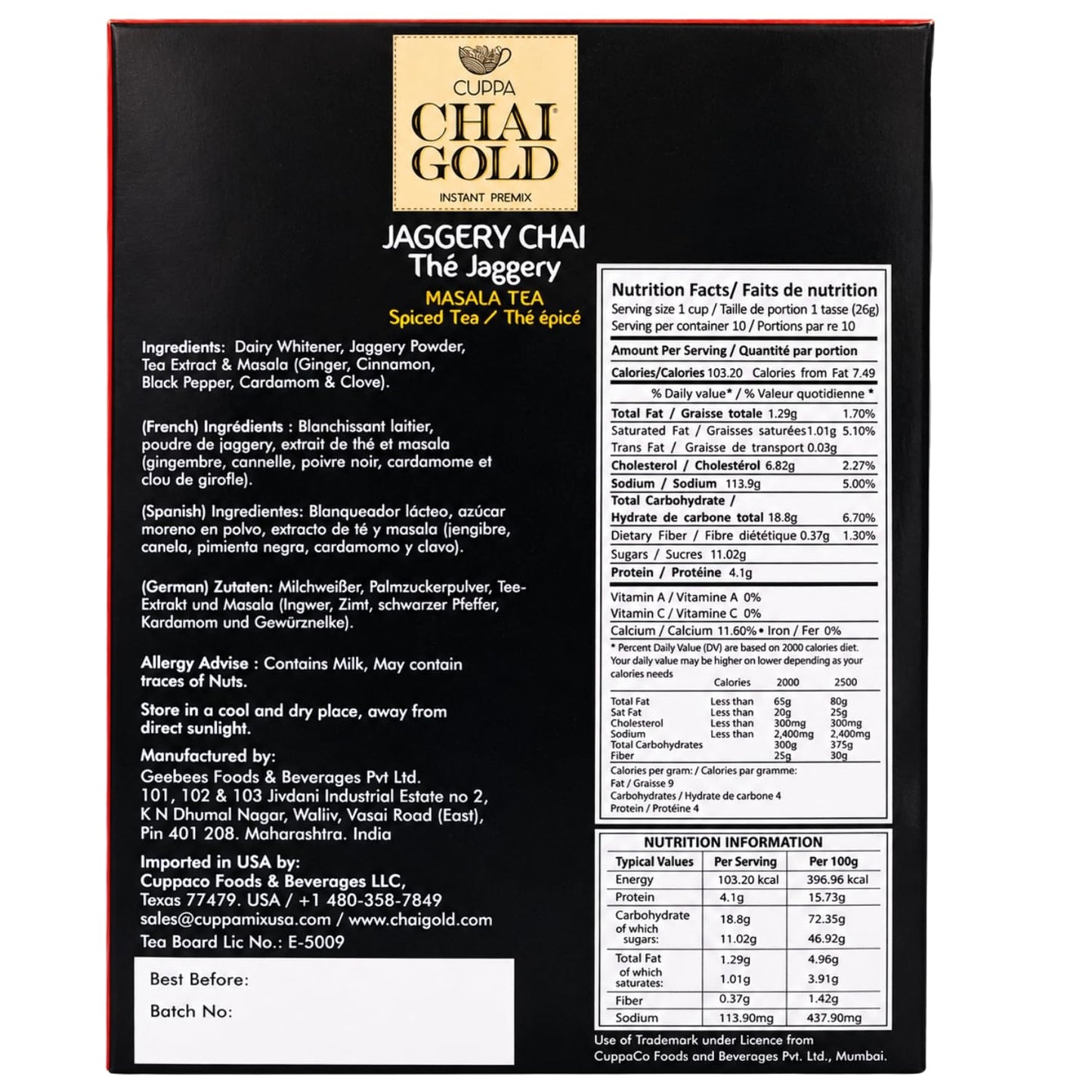 Chai Gold Instant Jaggery Chai Tea Premix Powder, Traditional Indian Milk Tea Latte Mix, Naturally Sweetened with Jaggery, Quick Preparation Hot Beverage, Low Caffeine, 10 count pack