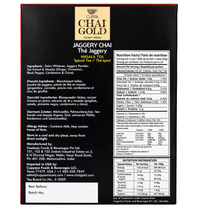 Chai Gold Instant Jaggery Chai Tea Premix Powder, Traditional Indian Milk Tea Latte Mix, Naturally Sweetened with Jaggery, Quick Preparation Hot Beverage, Low Caffeine, 10 count pack