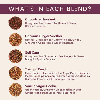 Loose Leaf Tea Sampler – 5 Caffeinated Blends Including Creme Brulee Earl Grey, Peach Oolong, Citrus Mint, Pecan and Floral Black – 75 to 100 Cups – Handcrafted in USA – Plum Deluxe