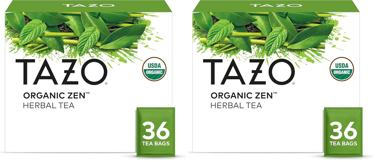 TAZO Organic Zen Green Tea, Caffeinated Tea with Refreshing Lemongrass & Spearmint, 36 Total Bags (Pack of 2)