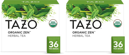 TAZO Organic Zen Green Tea, Caffeinated Tea with Refreshing Lemongrass & Spearmint, 36 Total Bags (Pack of 2)