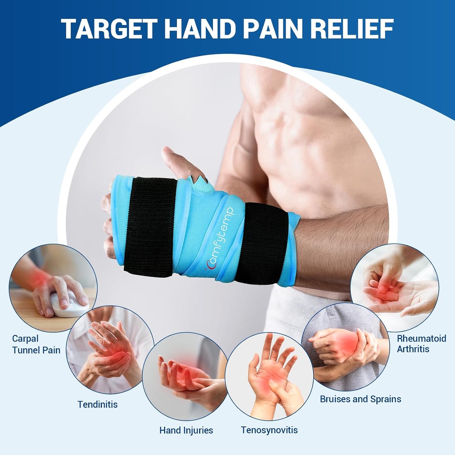 Comfytemp Wrist Ice Pack Wrap Carpal Tunnel Relief Wrist Brace, 2 Packs, FSA Eligible HSA, Gel Ice Packs for Injuries Reusable Wrap for Hand Pain, Hot Cold Compress Hand Brace, Men Women Recovery Item