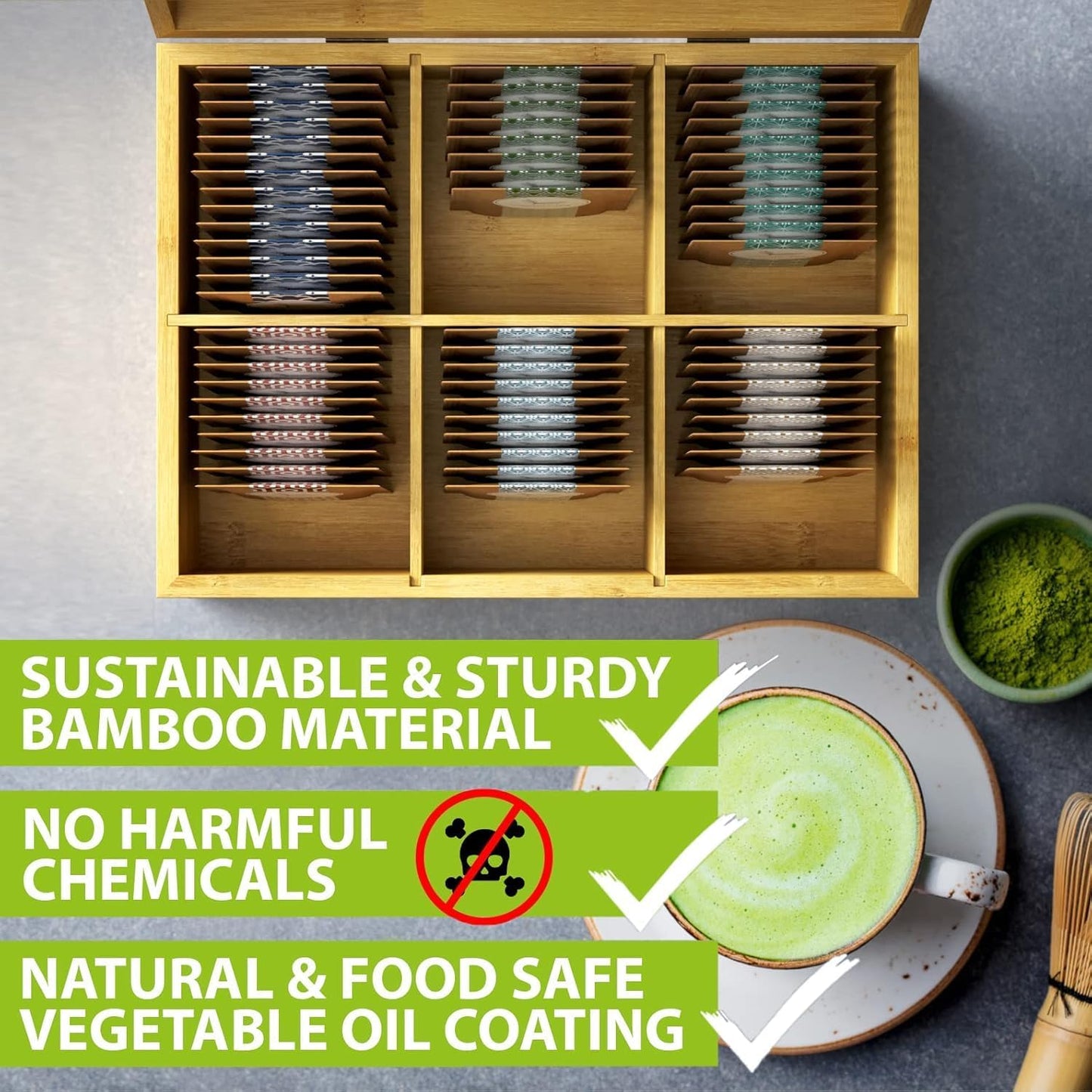 Tea Organizer Box Food Safe Chemical Free Bamboo Wood Storage Chest Big, Tall, Adjustable Cubbies (8-Slot 14.3" x 8.1" x 4.2" with TEA print design)