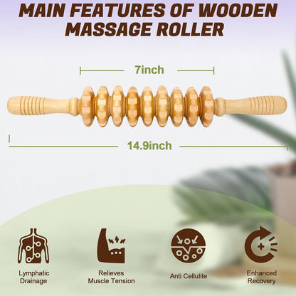 Wooden Fascia Massage Roller – Handheld Myofascial Release Massage Stick with Trigger-Point Knobs for Deep Tissue, Cellulite, Muscle Recovery & Circulation, Lymphatic Drainage Massager