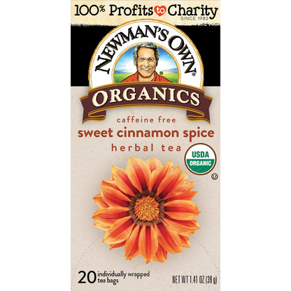 Newman's Own Organics Sweet Cinnamon Spice Herbal Tea, USDA Certified Organic and Kosher, Invigorating & Aromatic Herbal Tea Blend, Organic Ingredients, 20 Individually Wrapped Tea Bags (Pack of 6)