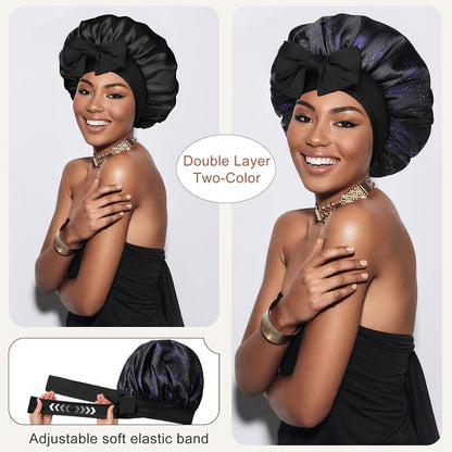 Satin Bonnet for Sleeping Cap Double Layer Hair Bonnet with Elastic Tie Band for Curly Hair Night Cap (Bean Paste + Pink)