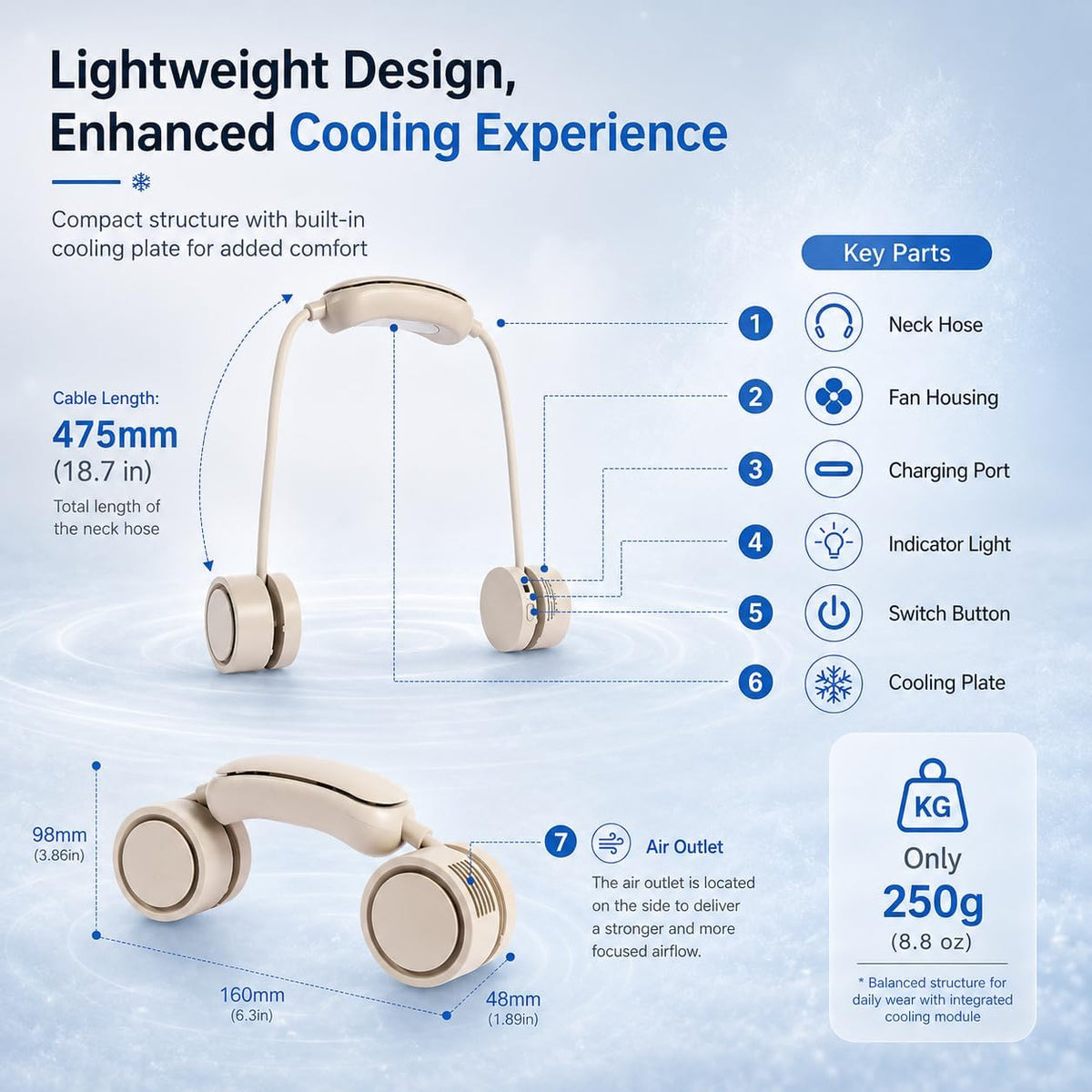 Portable Neck Fan with Cooling Plate, Adjustable Air Direction
