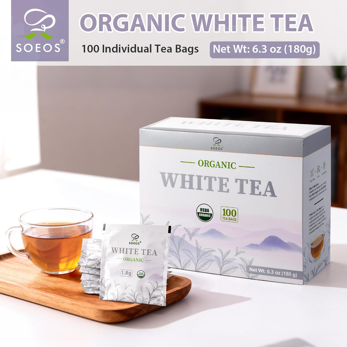 Soeos Organic White Tea, 100 Tea Bags, Individually Wrapped Teabags, Low Caffeine, Subtle Floral Aroma & Smooth Taste, Quality Tea for Everyday Brewing, Perfect for Hot or Iced Tea Lovers, 6.3oz (180g)