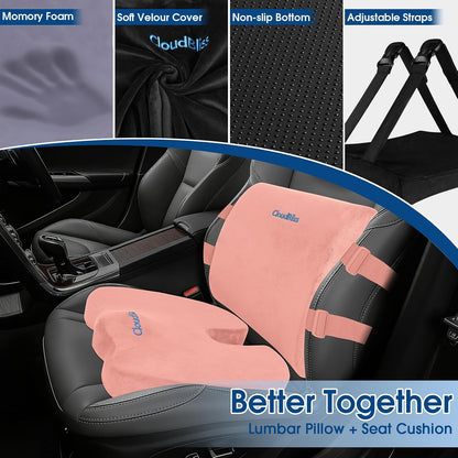 CloudBliss Lumbar Support Pillow & Seat Cushion Set for Office Chair, Desk Chair, Wheelchair & Car – Memory Foam Back Support, Ergonomic Chair Cushions, Sciatica Pain Relief, Home Essentials, Black