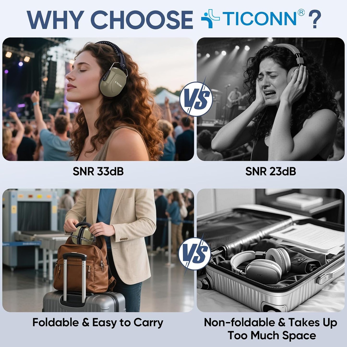 TICONN Noise Cancelling Ear Muffs for Adults, SNR 33dB Hearing Protection, Adjustable Safety Earmuffs for Construction