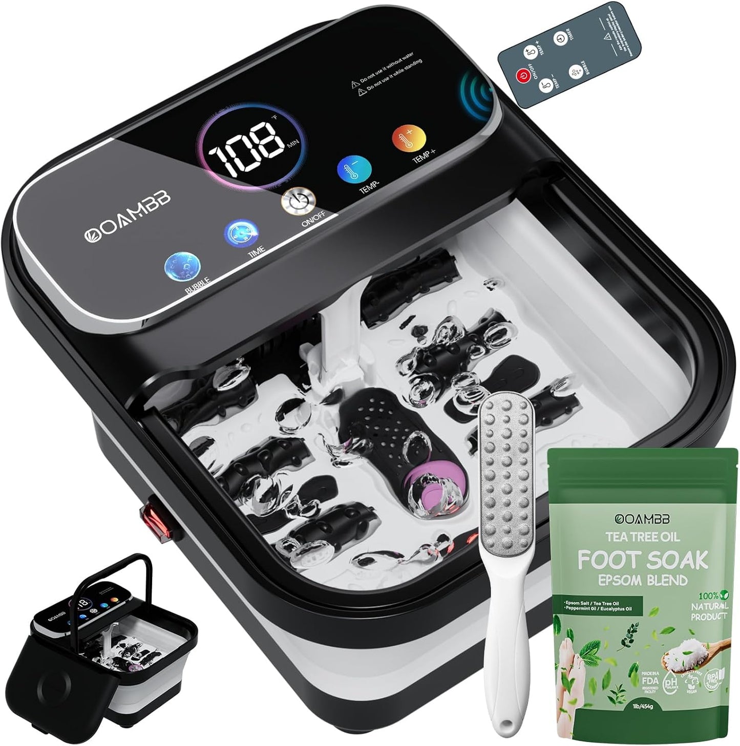 OOAMBB Collapsible Foot Spa with Heat, Bubble,Temp Control,Remote Control, Color Touch Screen Foot Bath Massager with 6 Massage Rollers,Foot Soaking Tub,Pedicure Foot spa for Stress Relief (Deep Grey)