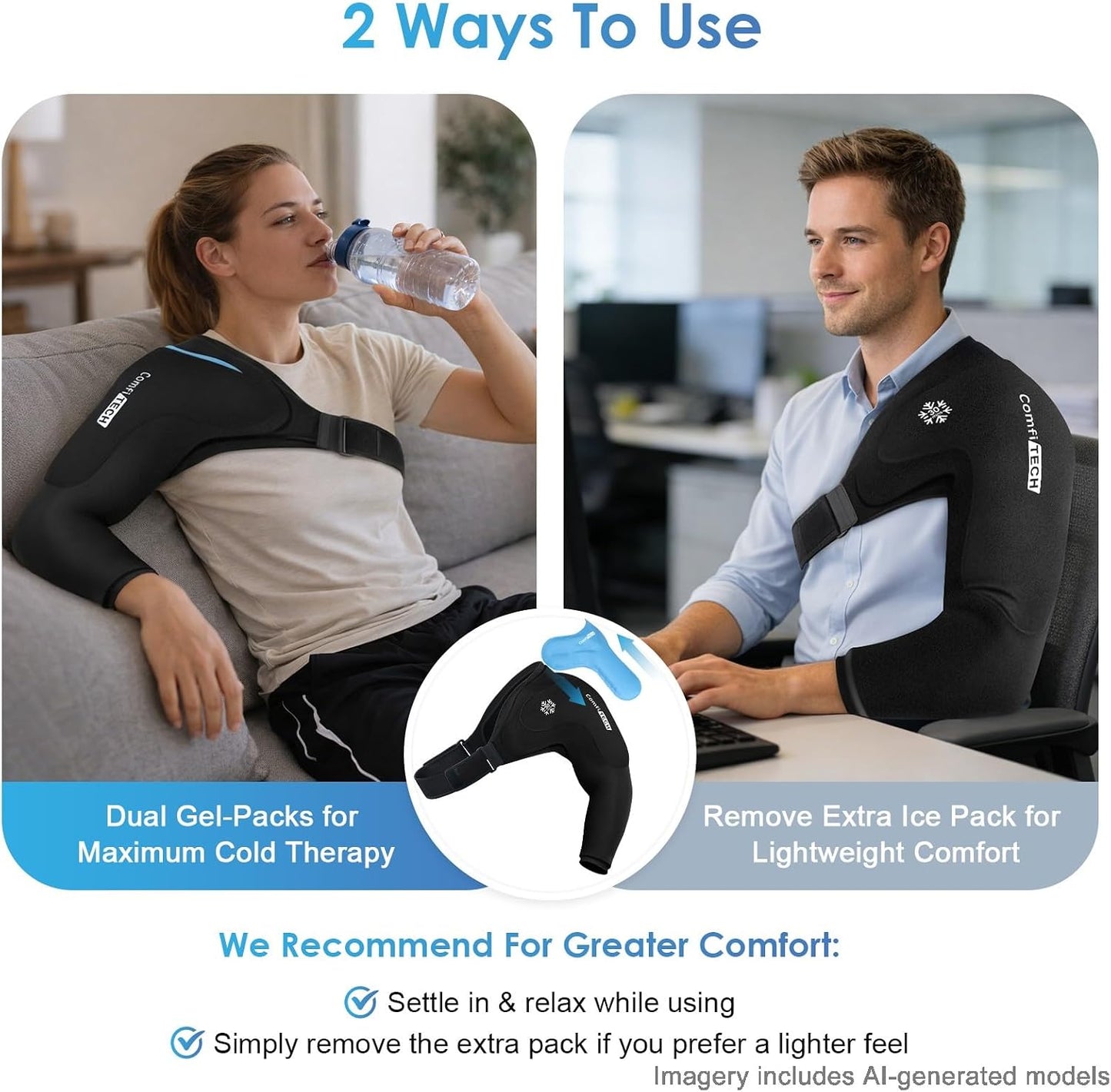 ComfiTECH Dual-Gel Shoulder Arm Ice Pack Wrap with Extended 30-Min Cooling, Detachable Cold Pack & Flexible Gel Ice Sleeve for Volleyball Pitchers, Post-Workout Recovery, Muscle Relaxation, Large