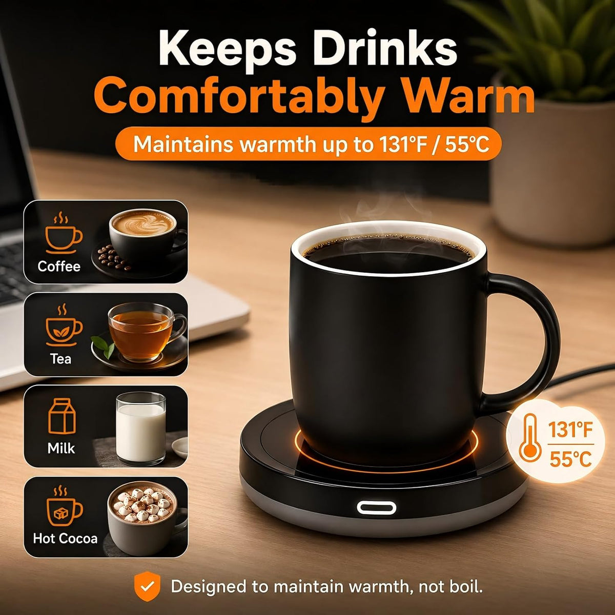 BESTINNKITS White Smart Coffee Auto On/Off Gravity-Induction Mug Office Desk Use, Candle Wax Cup Warmer Heating Plate (Up to 131F/55C)