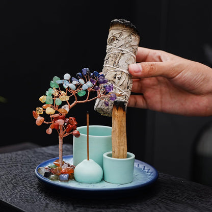 5 in 1 Incense Burner Holder with Crystal Healing Tree, Palo Santo Holder, Sage Holder, Incense Holder for Sticks/Cones/Candles, Ceramic Tray Ash Catcher for Burning Incense, Meditation Gift
