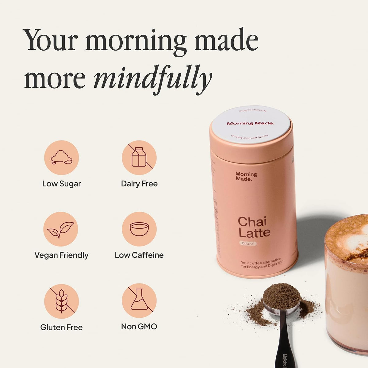Morning Made Original Chai Latte Powder - USDA Organic Chai Tea Latte with Black Tea, Cinnamon, Ginger, Clove, Black Pepper & Cardamom - Low Caffeine, Vegan, Dairy-Free, Gluten-Free (10.6 oz, 60 Servings, 1 Pack)