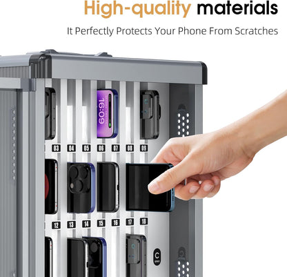 Glosen 24 Slots Cell Phone Locker, Portable Phone Storage Cabinet [Wall Mounted] [Aluminum Alloy] Cellphone Lock Box with Key & Handle for School Classroom Office Exam (Black)