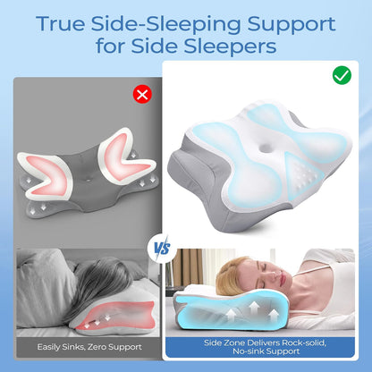 BDEUS Cervical Neck Pillow for Sleeping – Ergonomic Memory Foam Pillow with Massage Nodes for Neck Pain Relief, Side Sleeper & Back Support, CertiPUR-US Certified, Grey
