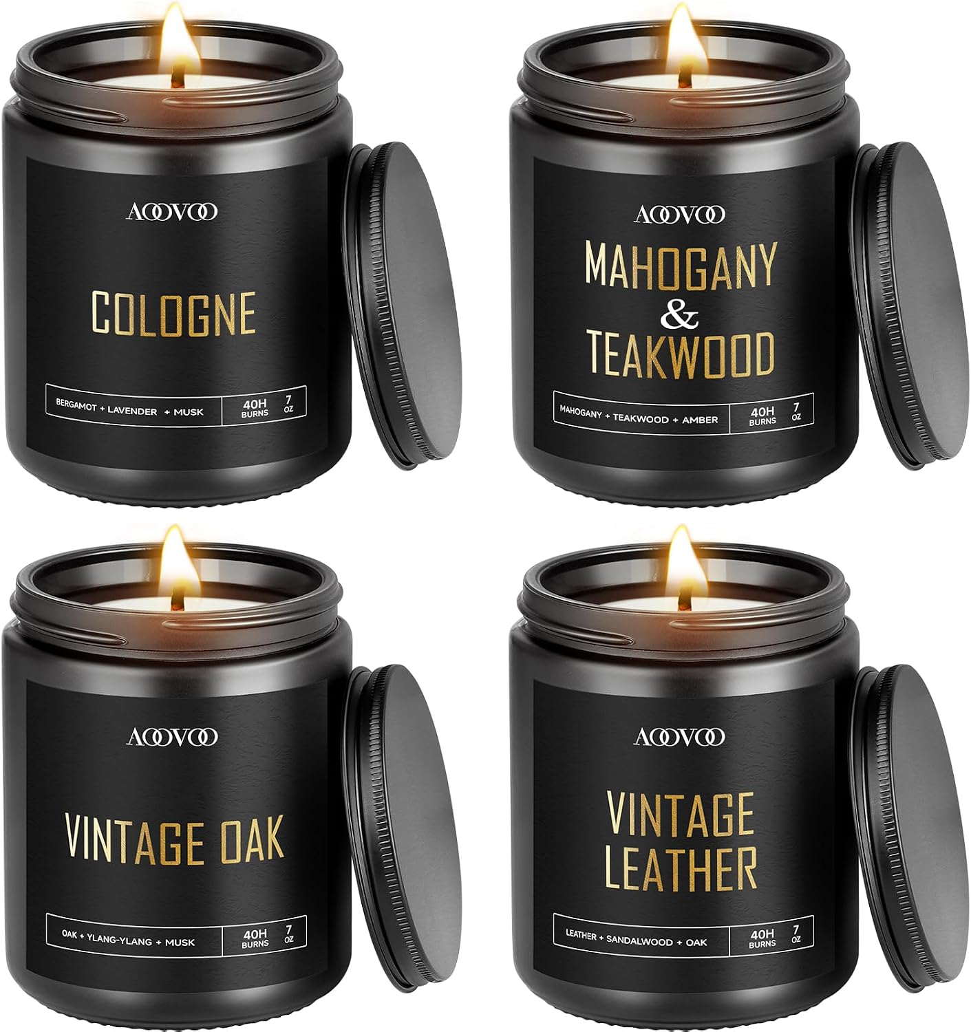 AOOVOO Scented Candles for Men - 4 Pack Candles for Home Scented, 36oz Soy Wax, 200 Hour Burn Time, Men Candle Set, Sandalwood Oud/Mahogany Teakwood/Smoke Vanilla/Jasmine Candle Set A