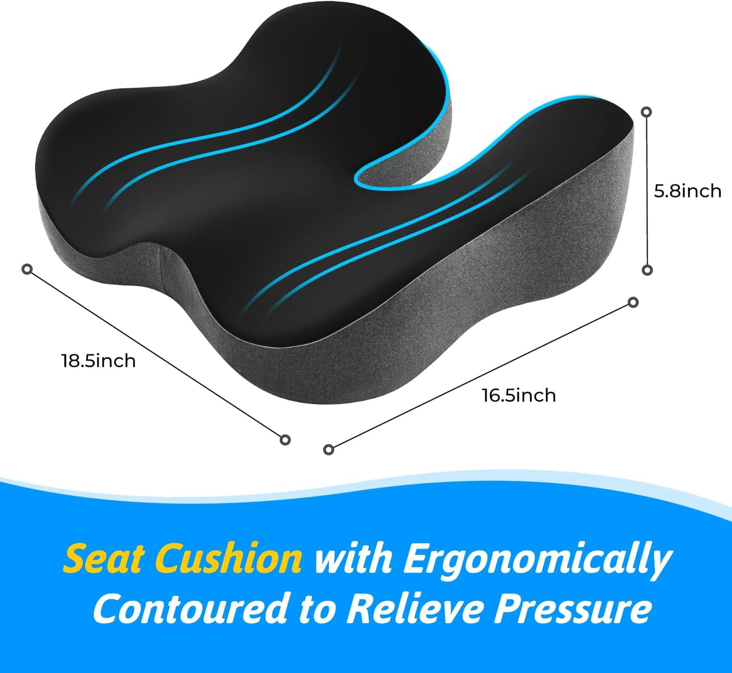 Seat Cushion for Tailbone & Sciatica Pain Relief – Certified & Ergonomist-Designed – Tapered Front Edge Reduces Thigh Pressure – Wide Memory Foam for Office Chair, Car, Wheelchair (Gray)