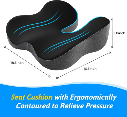 Seat Cushion for Tailbone & Sciatica Pain Relief – Certified & Ergonomist-Designed – Tapered Front Edge Reduces Thigh Pressure – Wide Memory Foam for Office Chair, Car, Wheelchair (Gray)