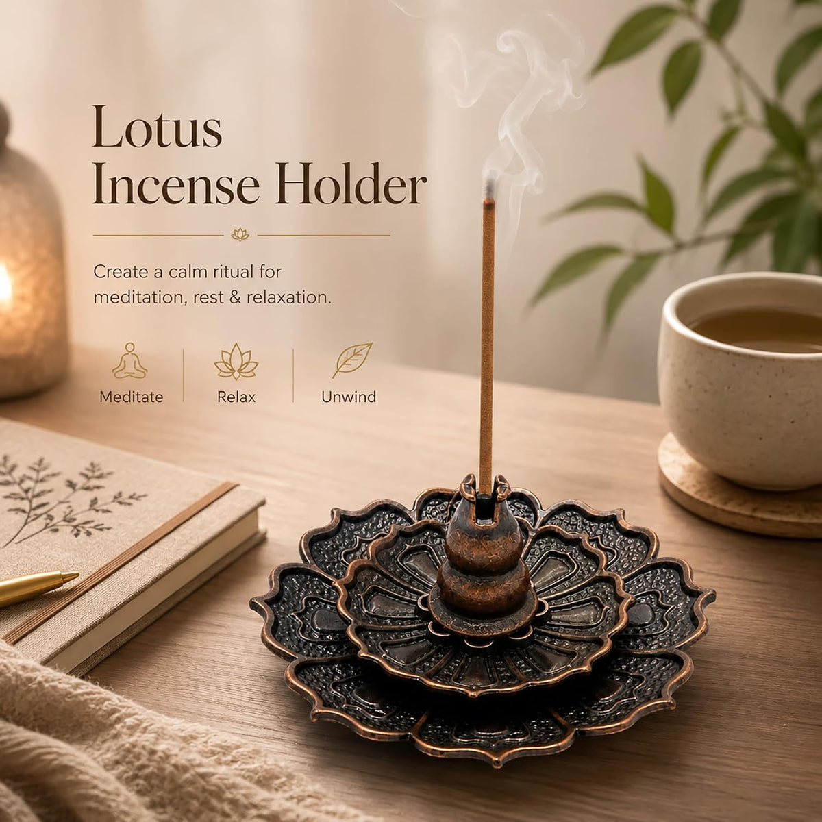 Incense Holder for Sticks, 3-in-1 Lotus and Gourd Incense Burner with Detachable Ash Catcher, Spiritual Japanese Decor for Yoga and Meditation