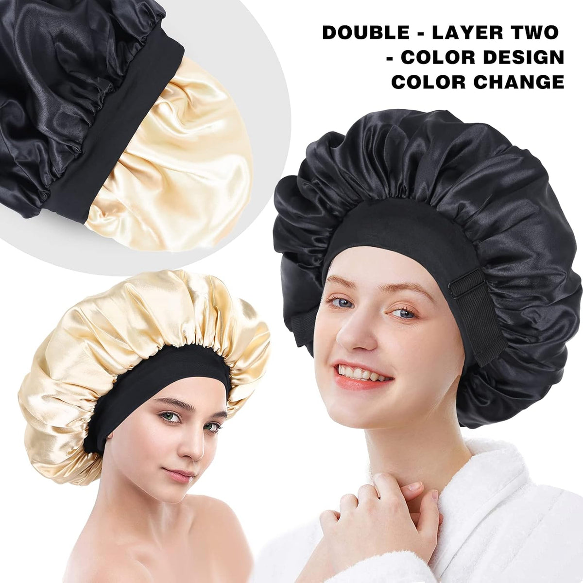 Silk Bonnet for Sleeping Double Layer Satin Bonnet Adjustable Bonnets for Black Women Sleep Cap Reversible Hair Bonnet for Curly Hair (Black and Purple)