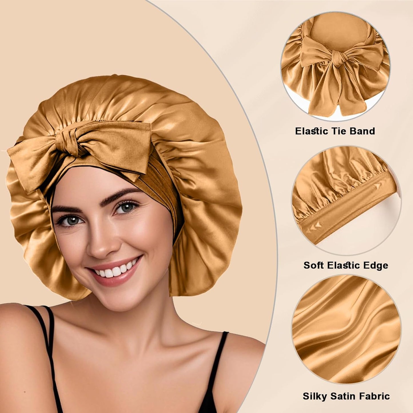 2Pcs Silk Hair Satin Bonnet for Sleeping Women,Large Satin Sleep Bonnets for Women with Elastic Tie Band Silk Hair Wrap with Ajustable Straps,Night Sleep Cap for Curly Braids,Black+Rose Gold