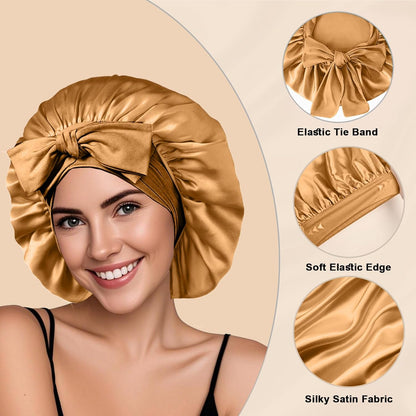 2Pcs Silk Hair Satin Bonnet for Sleeping Women,Large Satin Sleep Bonnets for Women with Elastic Tie Band Silk Hair Wrap with Ajustable Straps,Night Sleep Cap for Curly Braids,Black+Rose Gold