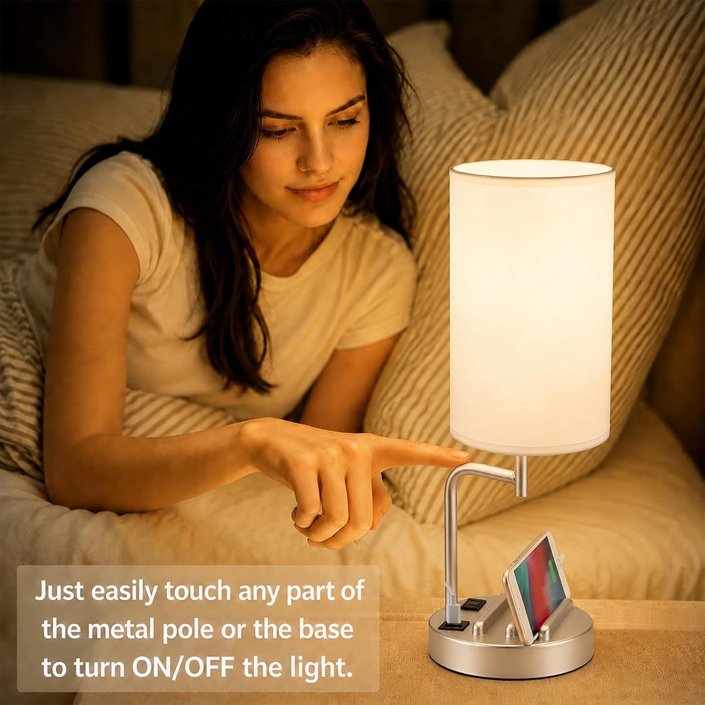 Dreamholder Touch Control USB Table Lamp with USB C/A & AC Outlet, 3-Way Dimmable Bedside Lamp, Modern Nightstand Lamps for Bedroom Living Room Guest Room Office, Bulb Included, Gold