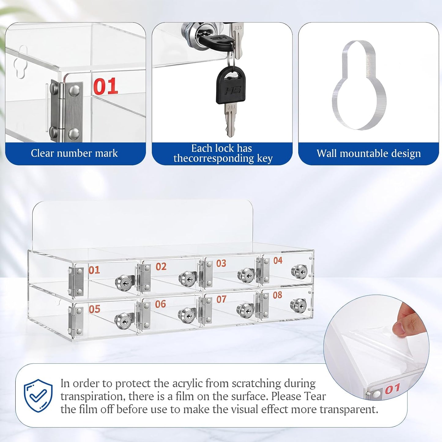 Threan 12 Slot Cell Phone Storage Box, Acrylic Clear Cell Phone Storage Cabinet Wall Mounted with Door, Locks and Keys for Office School Factory