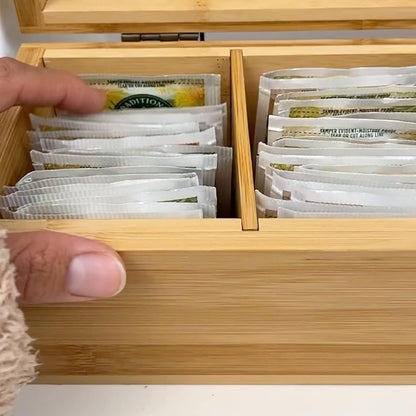 Tea Organizer Box Food Safe Chemical Free Bamboo Wood Storage Chest Big, Tall, Adjustable Cubbies (8-Slot 14.3" x 8.1" x 4.2" with TEA print design)