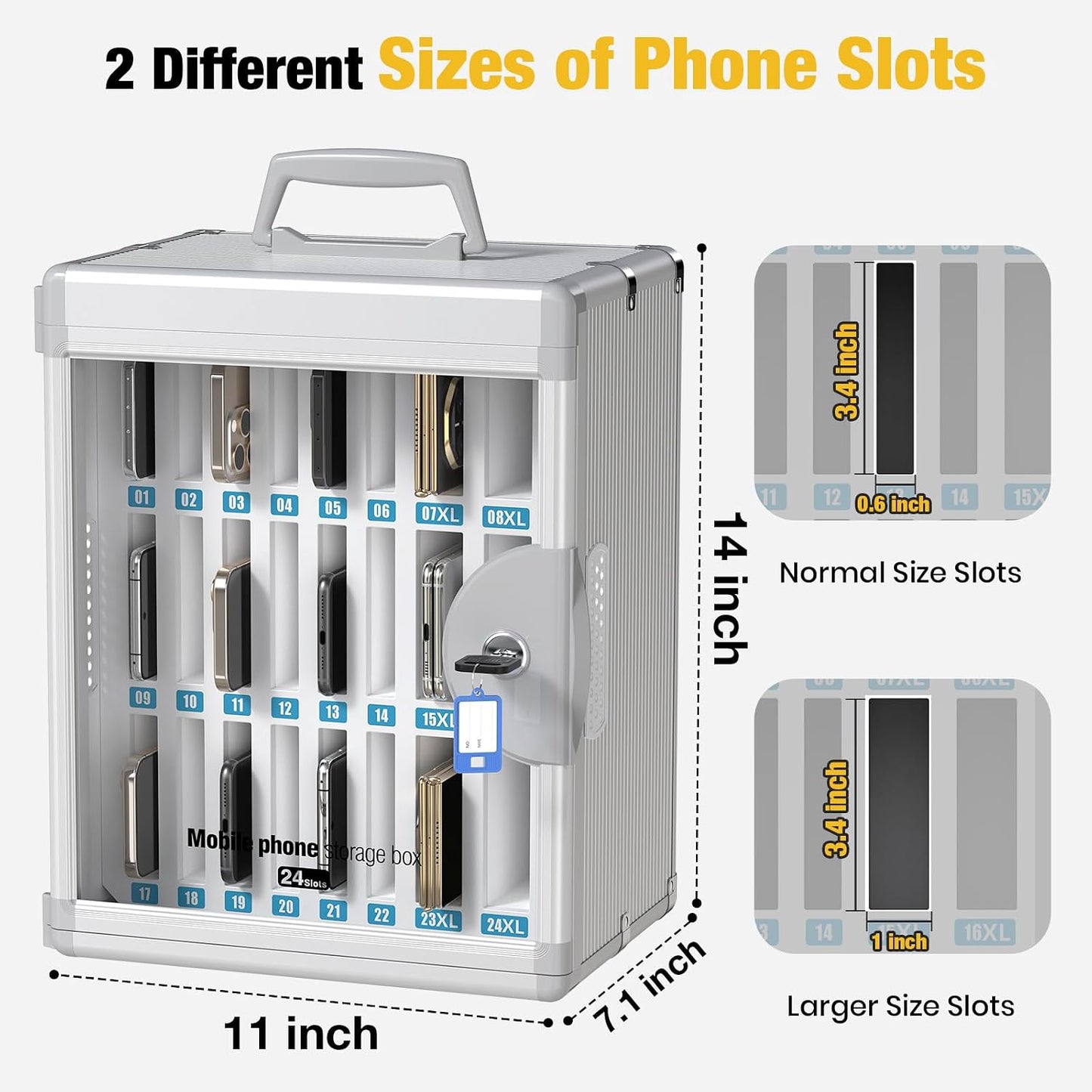 Glosen 24 Slots Cell Phone Locker, Portable Phone Storage Cabinet [Wall Mounted] [Aluminum Alloy] Cellphone Lock Box with Key & Handle for School Classroom Office Exam (Black)