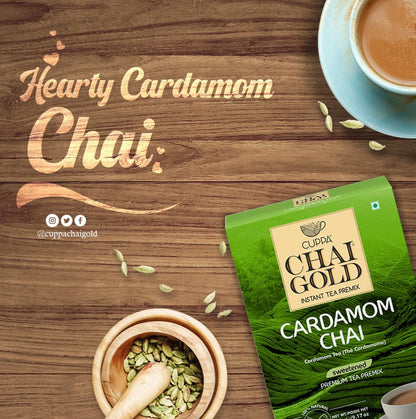 Cuppa Chai Gold Cardamom Chai Instant Tea Premix Sweetened, Rich Cardamom Flavor Tea Beverage Mix, Smooth Creamy Taste, Just Add Hot Water, Convenient Single-Serve Sachets for Home, Office & Travel, 10 Count