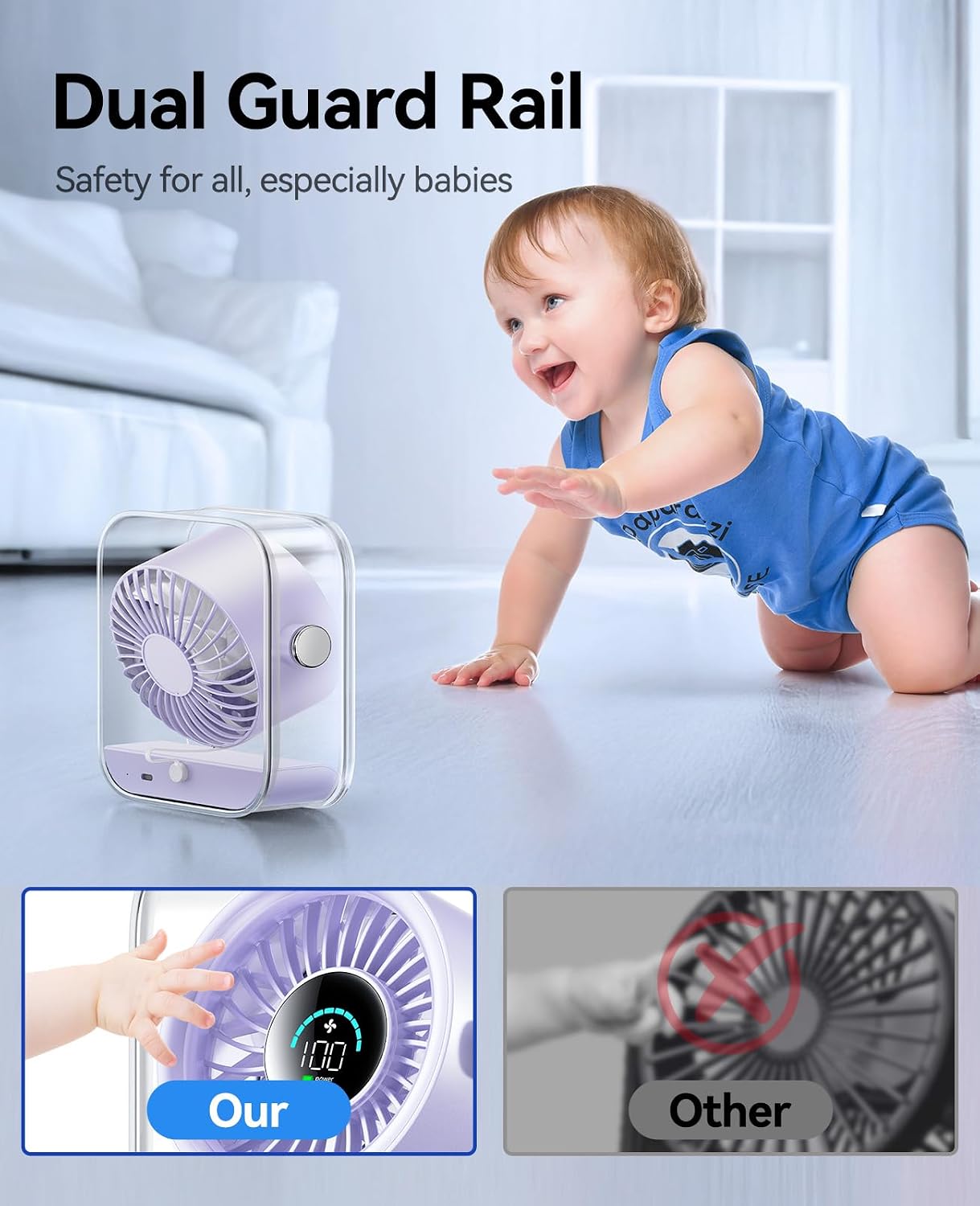 KIMMOO Rechargeable USB Desk Fan, Quiet Table Fan with Turbo Airflow, 100 Speeds, Digital Display, 90° Rotating, Small Battery Desktop Fans for Bedroom Home Office Travel, Black