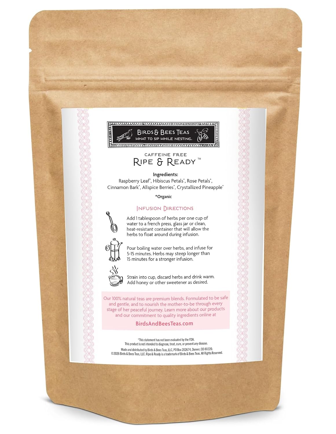 Birds & Bees Teas - Red Raspberry Leaf Tea Pregnancy, Ripe & Ready Third Trimester Tea to Prepare Your Body for Labor and Birth - 40 Servings, 5.0 oz