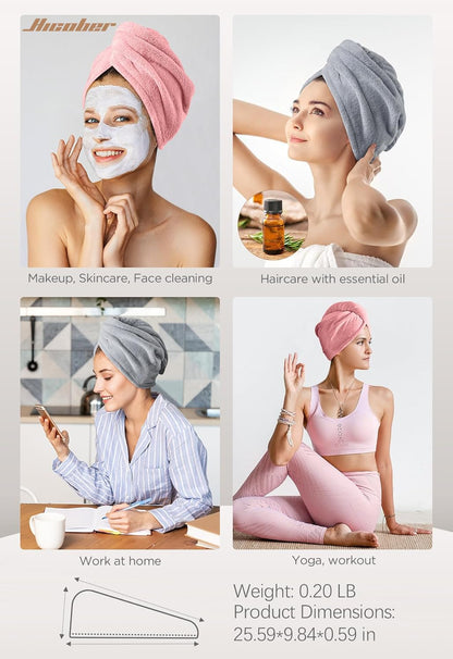 Hicober Microfiber Hair Towel Wrap, Fast Drying Hair Towels for Women, Soft Lightweight Quick Dry Turban for Curly & Long Hair–3 Pack(Blue/Grey/Pink)