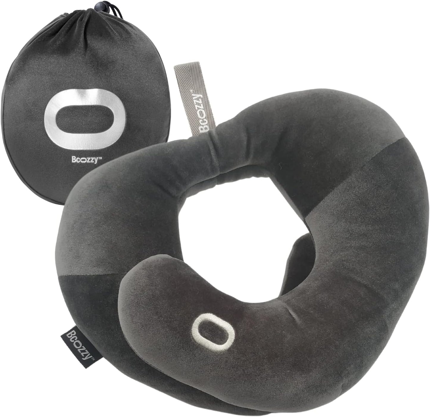 BCOZZY Travel Neck Pillow for Airplane– Patented Double Support for Head, Neck, and Chin. Best for Long Flights, Plane Sleeping, and Car Rides. Adjustable Size. Fully Washable. Carry Bag. Large, Black