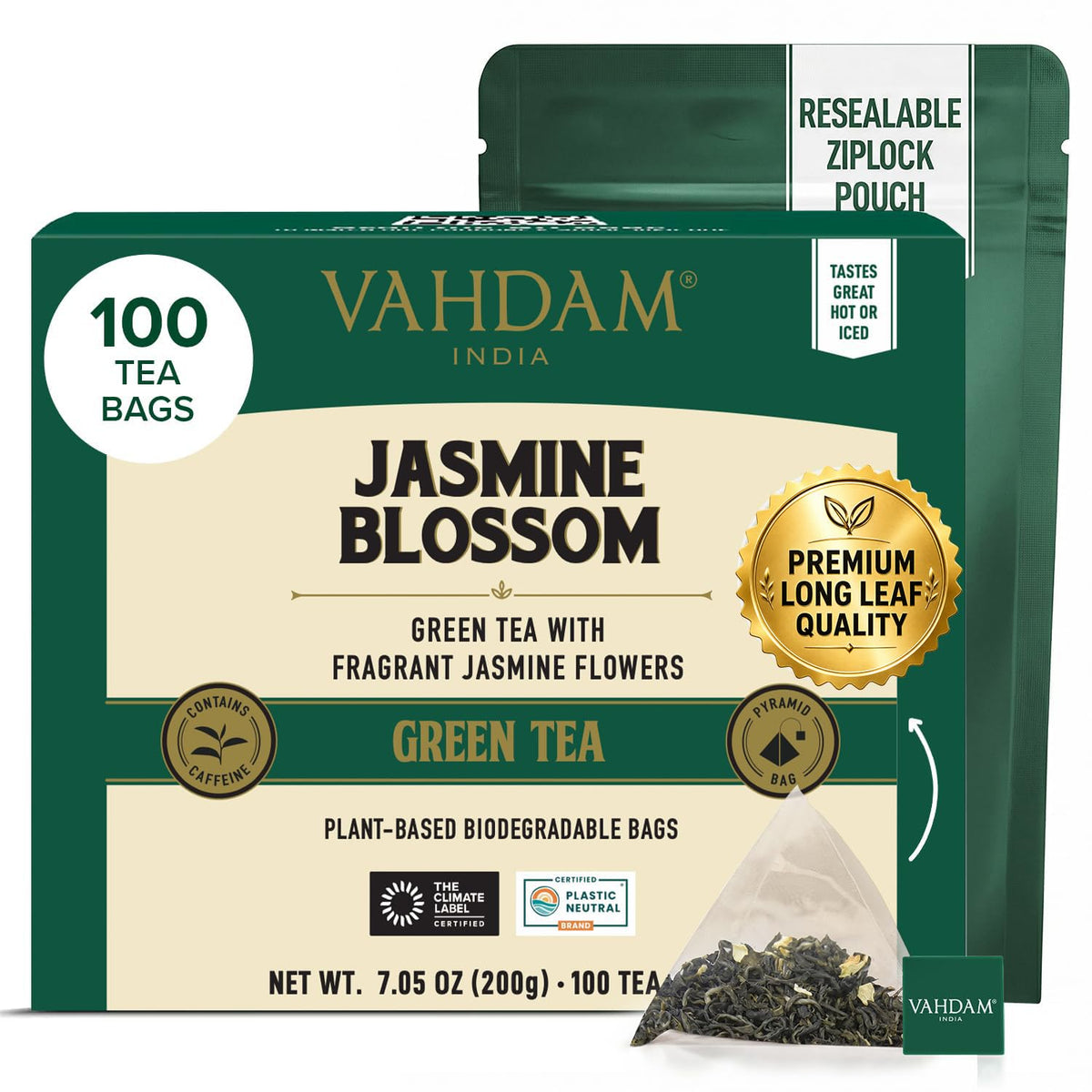 VAHDAM, Jasmine Green Tea Bags (100 Count) Med Caffeine, Non GMO | High Grown Green Tea Blended w/Pure Jasmine Flowers | Resealable Ziplock Pouch