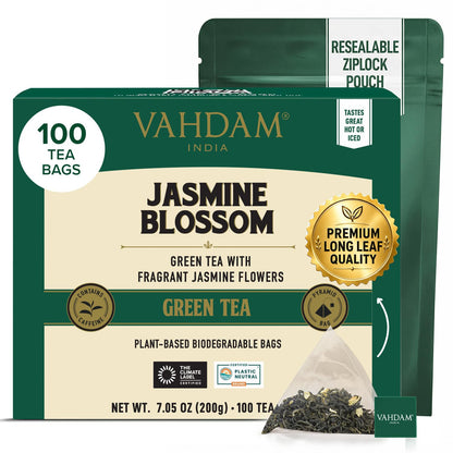 VAHDAM, Jasmine Green Tea Bags (100 Count) Med Caffeine, Non GMO | High Grown Green Tea Blended w/Pure Jasmine Flowers | Resealable Ziplock Pouch