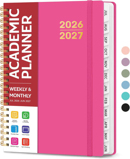 Planner 2026-2027 for Women & Men, Academic Monthly and Weekly Calendar Planner, Jul 2026 - Jun 2027, A5 (6.3" x 8.5"), Teacher Student Planning Book with Tabs, Ideal for Office School Supplies - Pink