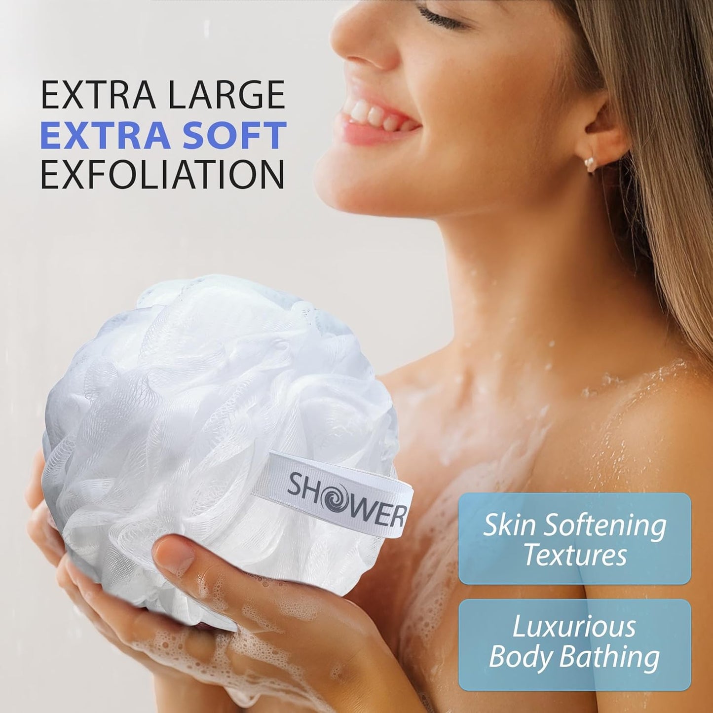 SHOWER BOUQUET Loofah-Charcoal Bath-Sponge XL-Color-4-Pack // Extra Large 75g Soft Mesh Black Luffa Loofa Loufa Puff Set/Exfoliating Body Scrubber for Women and Men - Exfoliate & Soothe Face & Body