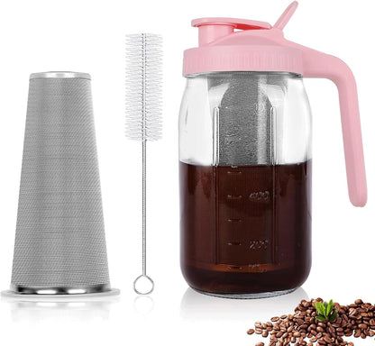 Cold Brew Coffee Maker,64 oz Mason Jar Pitcher with Stainless Steel Filter, Pour Spout Handle Lid, Heavy Duty Glass Airtight & Leak-Proof for Iced Coffee,Tea & Lemonade