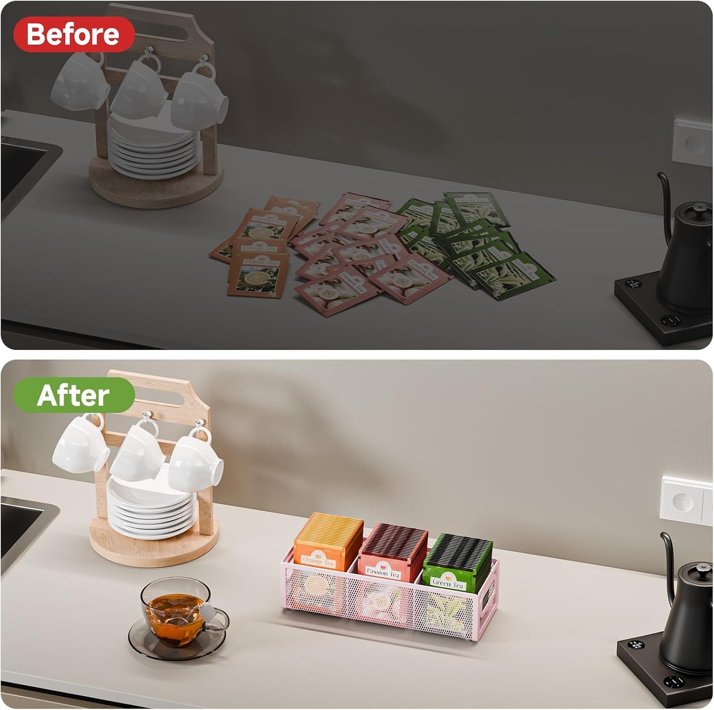 2 Tier Tea Bag Organizer, Mesh Tea Bag Holder with Handle, Teabag Holder, Tea Station Organizer for Countertop, Pantry, Kitchen, Cabinet -Black