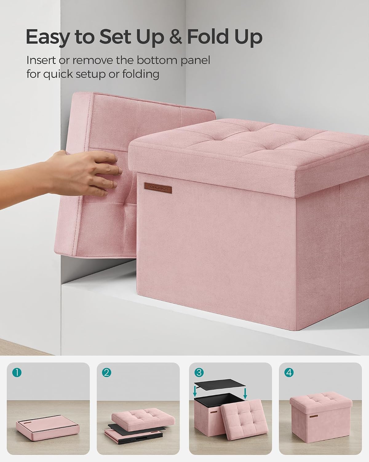 SONGMICS Small Folding Storage Ottoman, Foot Rest Stool, Cube Footrest, Synthetic Leather, 12.2 x 16.1 x 12.2 Inches, 286 lb Capacity, for Living Room, Bedroom, Dorm, Ink Black ULSF100B01