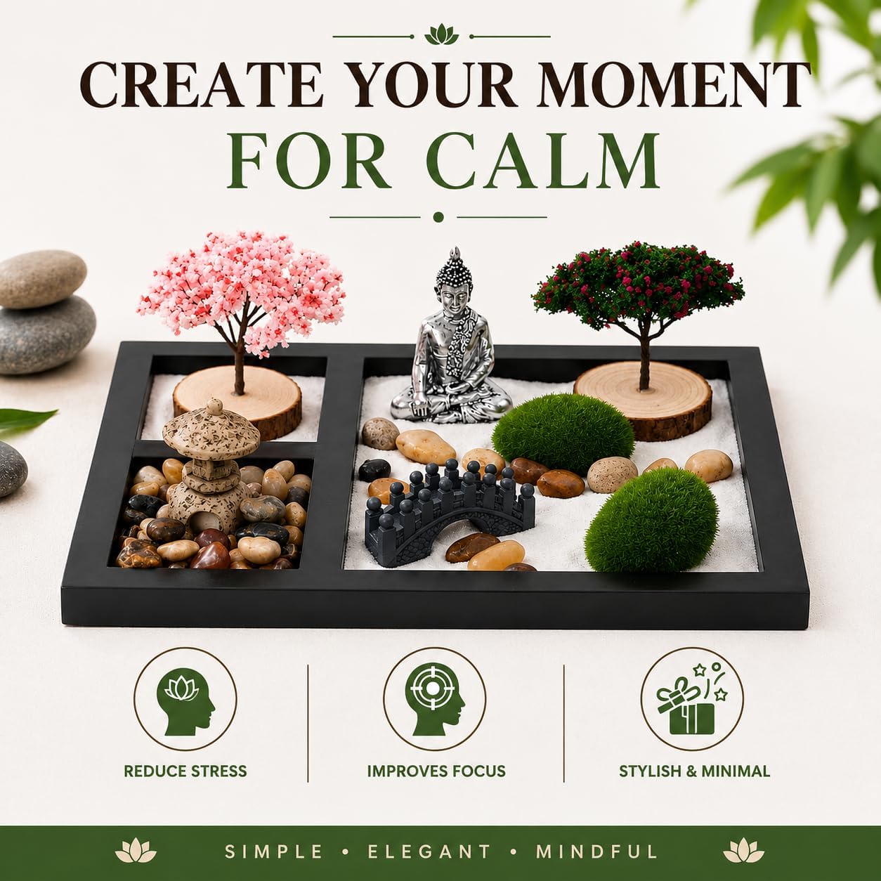 Zen Garden for Desk - Tabletop Sand Garden Kit - Mini Sand Tray Decor - Black Display Tray with Buddha Ornament, Pebbles and Moss Accents - Suitable for Office Desk Decoration and Home Decor