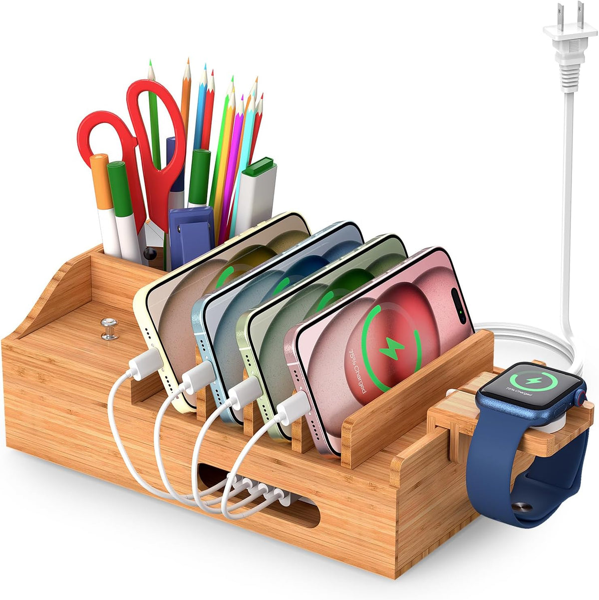 Bamboo Charging Station for Multiple Devices with USB Charger, 5 Cables