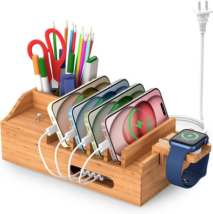 Bamboo Charging Station for Multiple Devices with USB Charger, 5 Cables